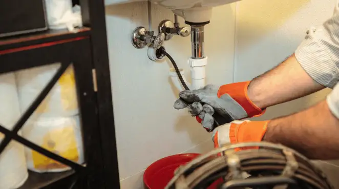 Drain cleaning technician using a motorized plumbing snake to clear a clogged sink pipe in Boise, ID